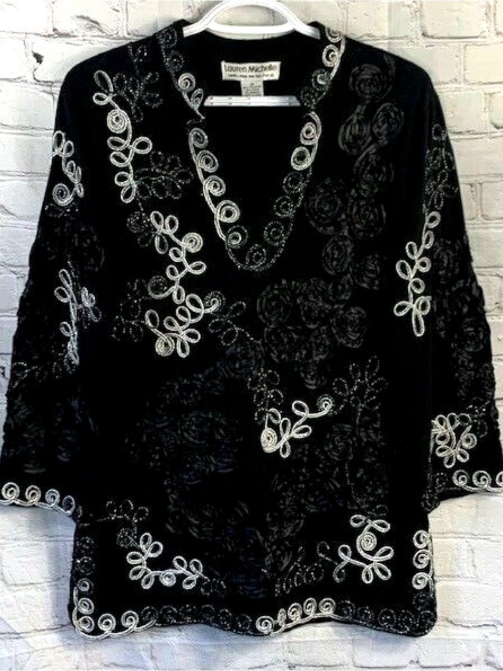 Lauren Michelle Black Tunic Top with White Embroidered Swirls